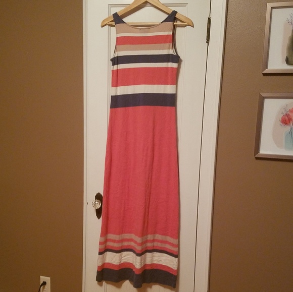 Striped Coral, Blue, and Tan Maxi Dress - Picture 2 of 3